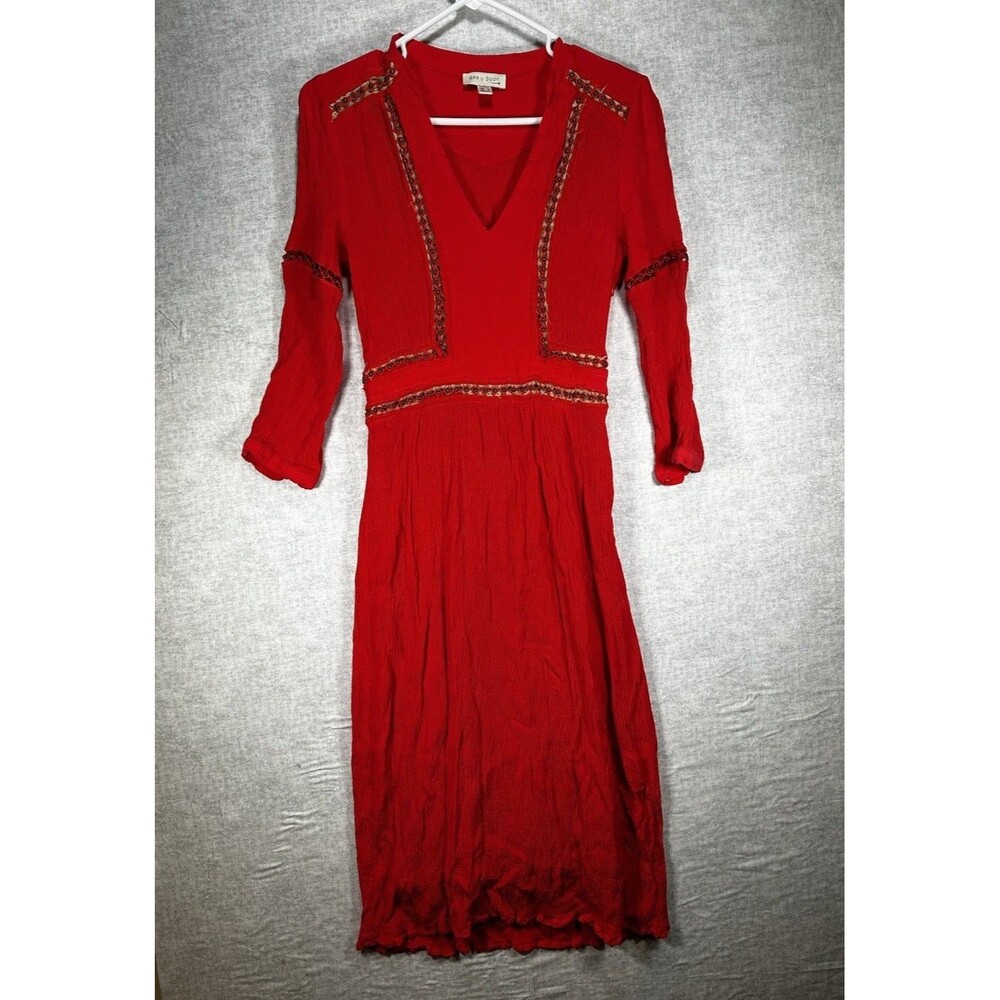 See U Soon Red-Orange Midi Dress Size XS Ethnic Lined Beaded Crinkle Fabric